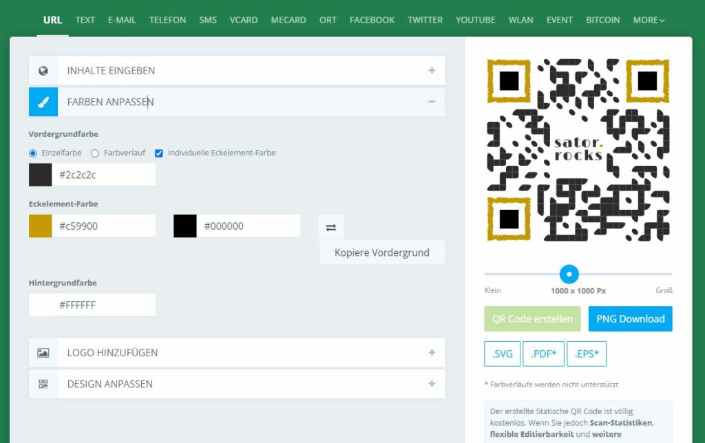 QR Monkey QR Code erstellen - Farben - sator.rocks
